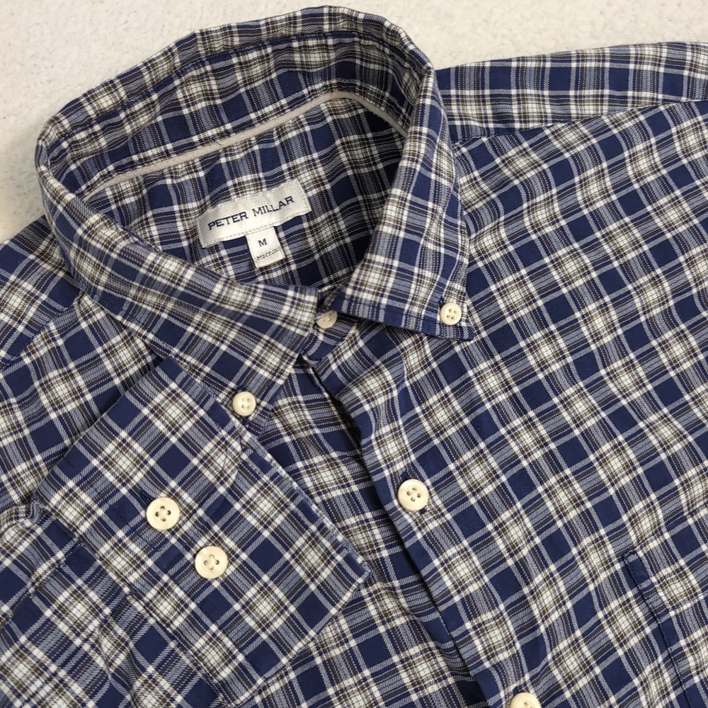 Peter Millar Soft Button Down Dress Shirt Mens M Workwear Blue Plaid Lightweight